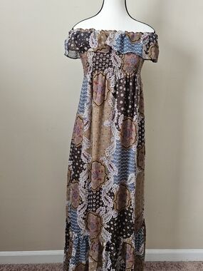 Belle Du Jour Off-Shoulder Patchwork Maxi Dress in Brown, Tan and Blue